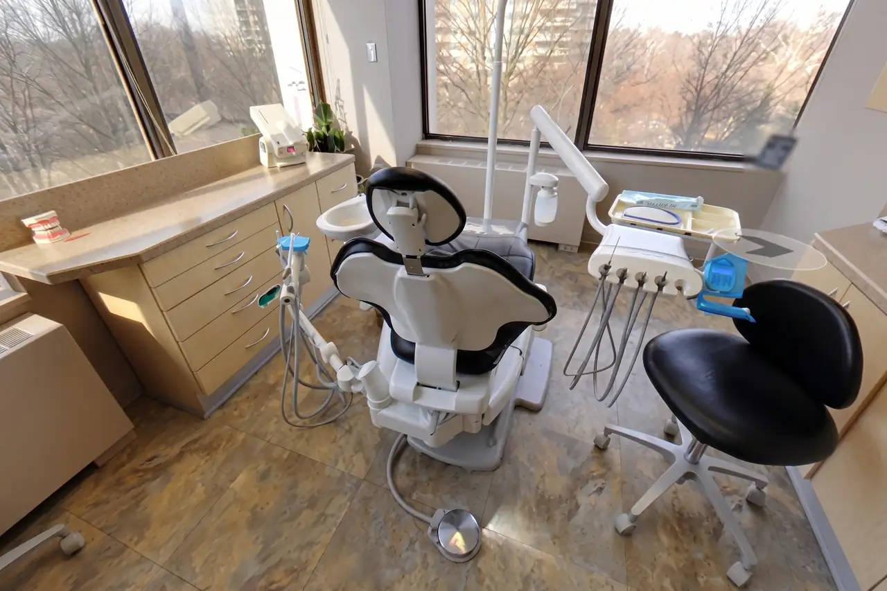 A dental treatment room with the chair beside tall windows looking out on trees, in soft daylight.