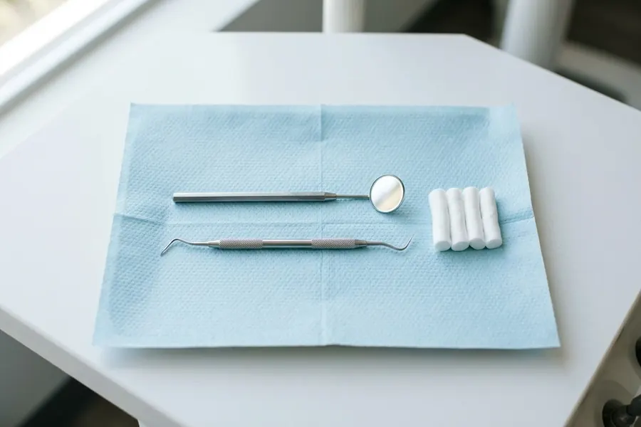 A dental mirror, an explorer and cotton rolls laid out on a tray for a checkup.