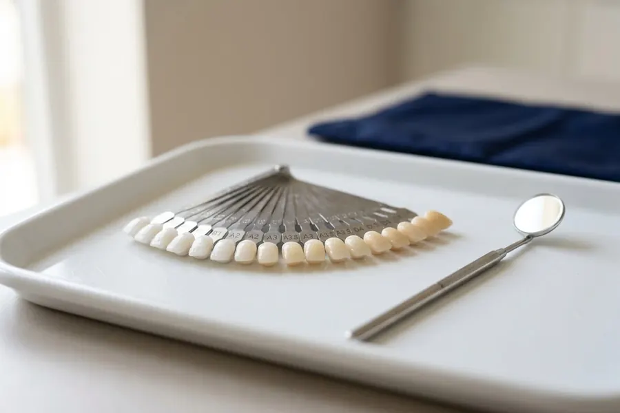 A porcelain shade guide and a dental mirror on a tray, used to match a restoration to natural teeth.