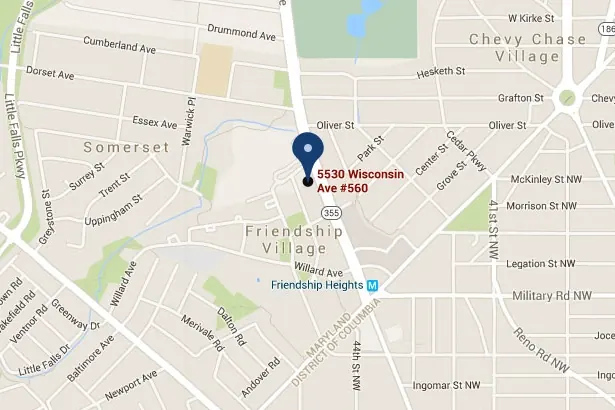The practice's own location map, showing 5530 Wisconsin Avenue near Friendship Heights Metro.